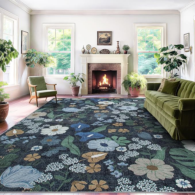 9x12 Area Rug for Living Room: Vintage Floral Washable Rug Soft Boho Non Slip Carpet Large Indoor Floor Non Shedding Low Pile Thin Carpets for Bedroom Dining Room Farmhouse Nursery Home Office Blue