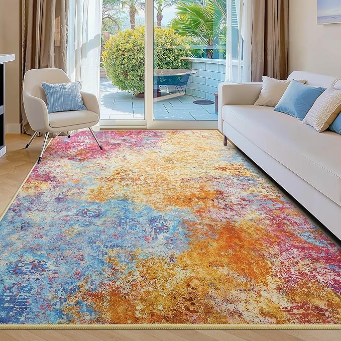 Kelarea Living Room Rug, 4x6 Modern Abstract Washable Rugs, Colorful Soft Non Slip Low Pile Carpet, Stain Resistant Rugs for Bedroom, Dining Room, Nursery, Home Office
