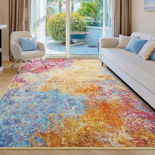 Kelarea Living Room Rug, 4x6 Modern Abstract Washable Rugs, Colorful Soft Non Slip Low Pile Carpet, Stain Resistant Rugs for Bedroom, Dining Room, Nursery, Home Office