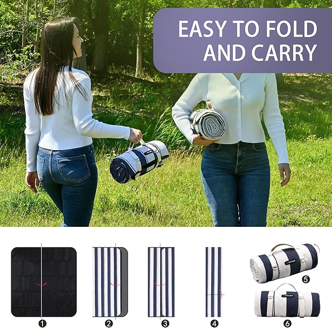 HX&OD Outdoor Picnic Blanket Extra Large, 80''*60'' Waterproof Picnic Mat with Stakes Foldable Camping Blanket Portable with Carry Strap for Beach Mat (Green& White, 80''*60'')