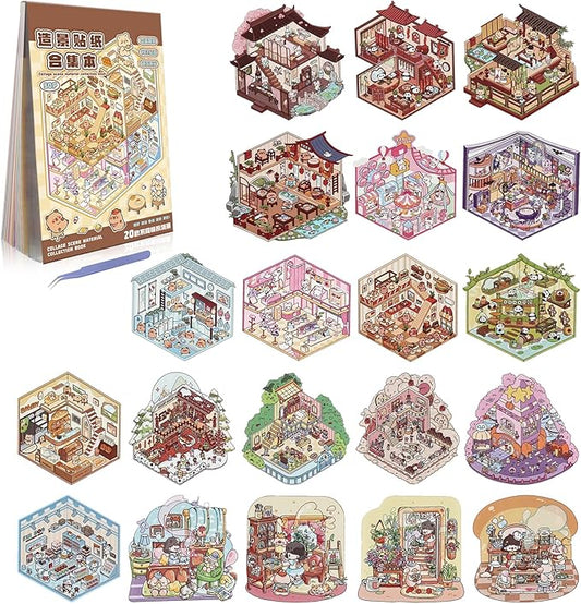 20 Sets DIY 3D Sticker Scenes for Adults Relief Stress, Cute Kawaii 3D House Sticker Therapy for Women Teen Girls Kids Pass The Time, Make Your Own Mini Room Scene Collection Book with Tweezer