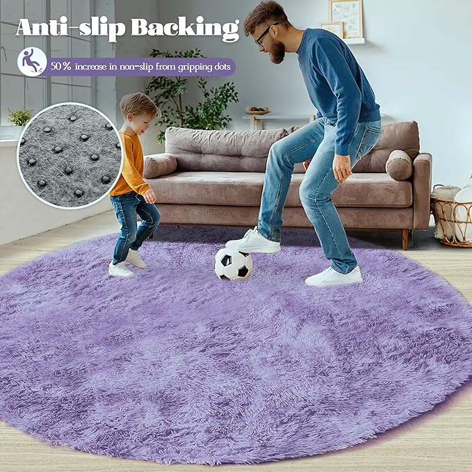 4FT Round Rug for Bedroom: Fluffy Shag Soft Washable Rugs Circle Small Fuzzy Plush Indoor Carpet for Living Room Nursery Playroom Dorm Kids Girls Boys Room (Purple, 4'x4')