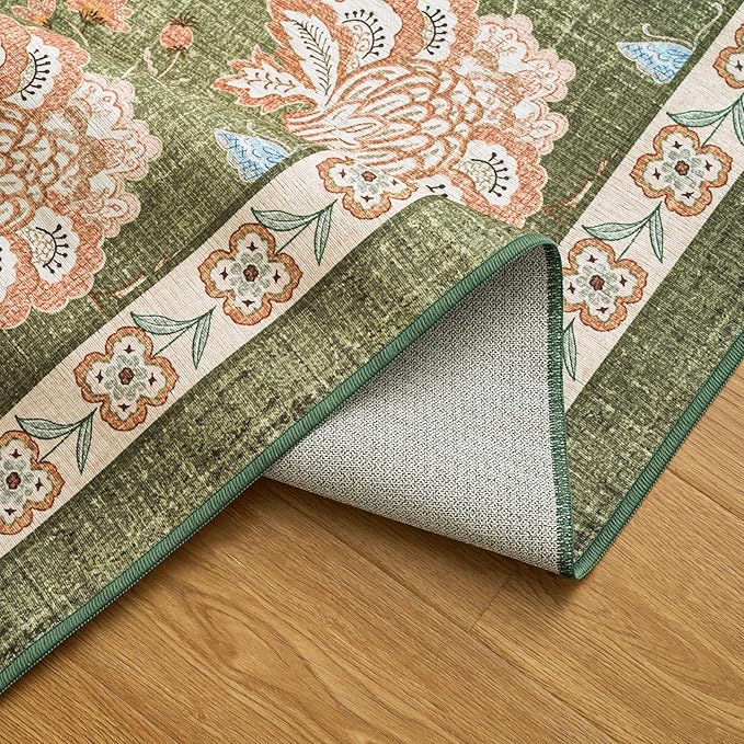 jinchan Floral Corner Rug for Living Room Washable Bedroom Rug Vintage Romance Design Non Slip Quarter Circle Lightweight Low-Pile Throw Carpet for Reading Nook Playroom,8ft Radius, Green