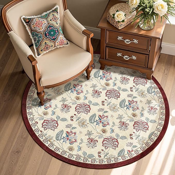 jinchan 4ft Floral Round Rug for Entryway Washable Kitchen Rug Vintage Romance Design Non Slip Indoor Doormat Lightweight Low-Profile Throw Carpet for Living Room Dining Room Bedroom, Red/Beige