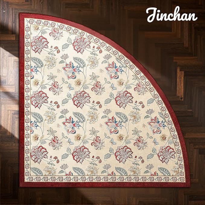 jinchan Floral Corner Rug for Living Room Washable Bedroom Rug Vintage Romance Design Non Slip Quarter Circle Lightweight Low-Pile Throw Carpet for Reading Nook Playroom,6ft Radius, Red/Beige