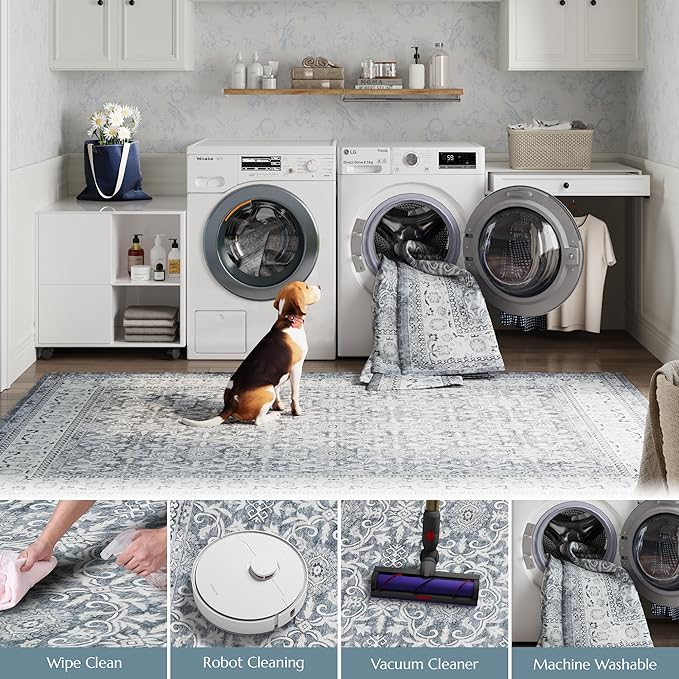 jinchan Floral 2x3 Rugs for Entryway - Machine Washable Grey Vintage Distressed Boho Design Soft Faux Wool Small Non-Slip Doormat for Entrance Kitchen Living Room Bedroom Farmhouse (2‘x3',Grey)