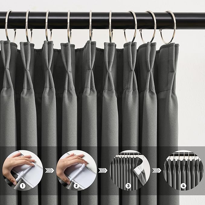 KEQIAOSUOCAI Blackout Pleated Curtains 105 Inches Long, Privacy Window Drapes for Living Room/Dining Room/Bedroom, 72 Inch Wide x 105 Inch Long,Grey Color, Pinch Pleat with Hooks, 2 Panels