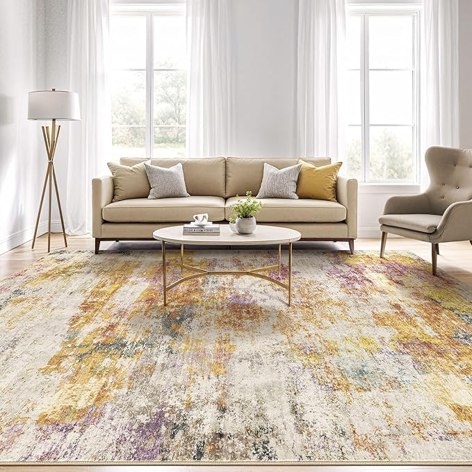 8X10 Area Rugs Living Room: Washable Large Abstract Modern Soft Stain Resistant Indoor Floor Rugs Non Slip Accent Carpet for Bedroom Nursery Playroom Office Dining Room Dorm Home House- Gold Colorful