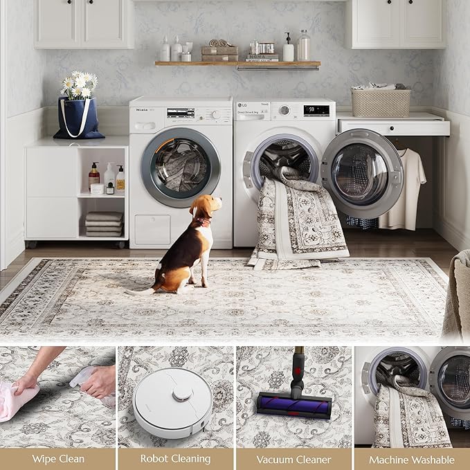 jinchan Floral Runner Rug 2x5 - Machine Washable Beige Vintage Distressed Design Soft Non-Slip Low-Pile Ultra-Thin Runner Rug for Kitchen Hallway Laundry Room Entryway Farmhouse (2‘x5',Beige)