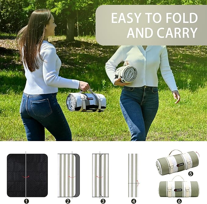 HX&OD Outdoor Picnic Blanket Extra Large, 80''*60'' Waterproof Picnic Mat with Stakes Foldable Camping Blanket Portable with Carry Strap for Beach Mat (Green& White, 80''*60'')