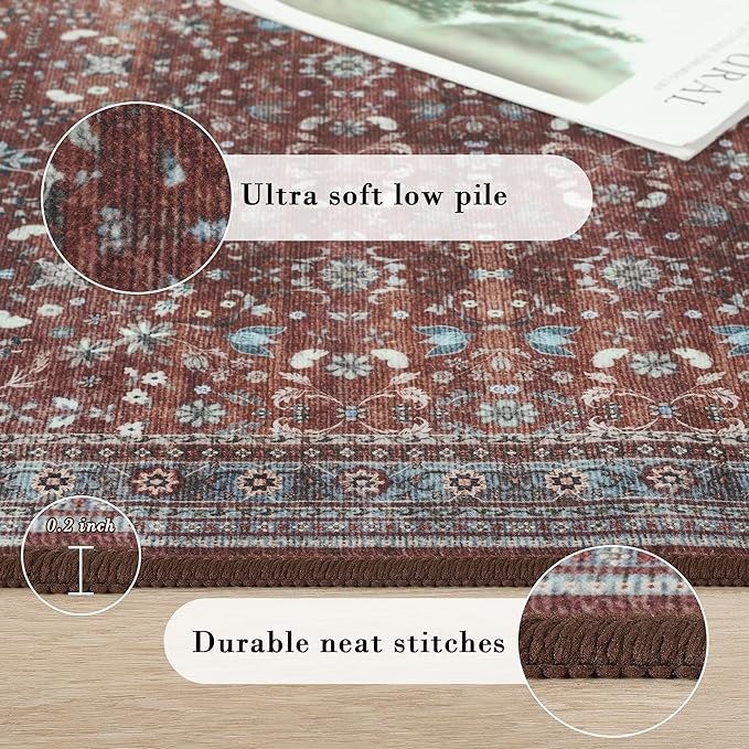 2x6 Washable Kitchen Runner Rug for Hallways, Non Slip Laundry Runners for Bathroom, Low Pile Rubber Backed Rugs for Entryway, Vintage Floral Carpet for Living Room Bedroom Brick Red