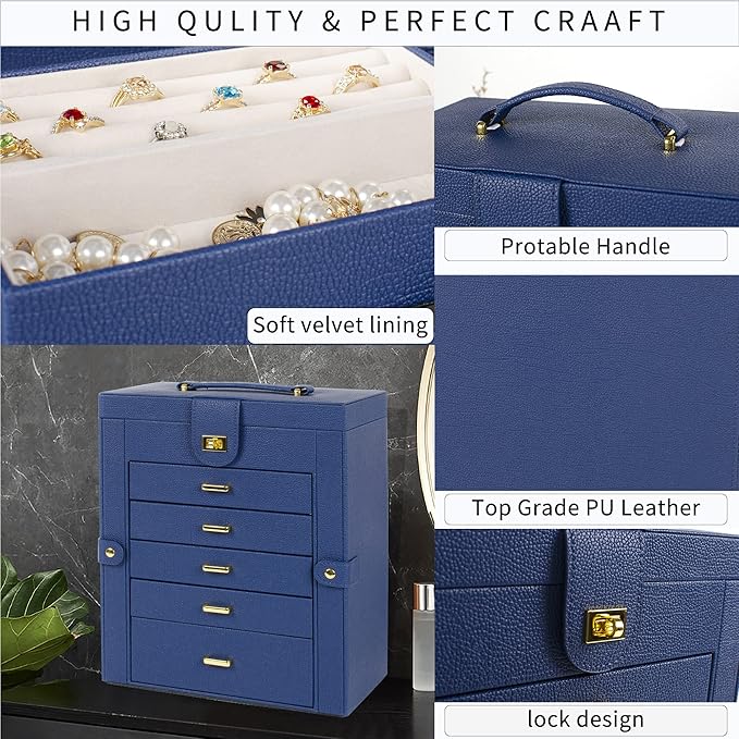 AKOZLIN Large Jewelry Box Organizer Functional Lockable with Big Mirror, Leather Jewelry Storage Case for Women Girls Ring Necklace Earring Bracelet Holder Organizer Blue