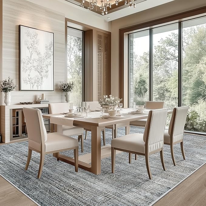 8x10 Area Rug Living Room Rugs - Washable Rug Large Modern Abstract Soft Thin Carpets Indoor Floor No Slip Vintage Carpet for Bedroom Under Dining Table Nursery Home Office Decor Gray Blue