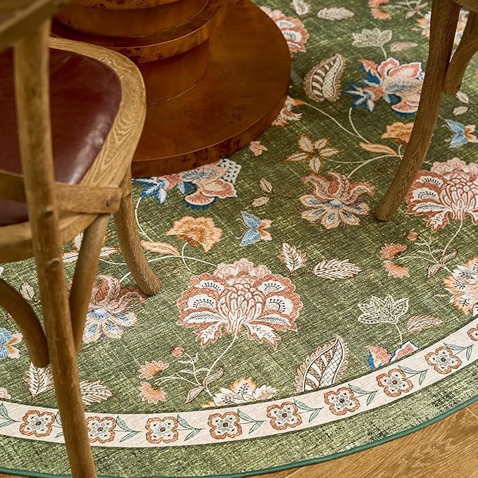 jinchan Floral Corner Rug for Kitchen Washable Nursery Rug Vintage Romance Design Non Slip Quarter Circle Lightweight Low-Pile Throw Carpet for Playroom Reading Nook Office, 5ft Radius, Green