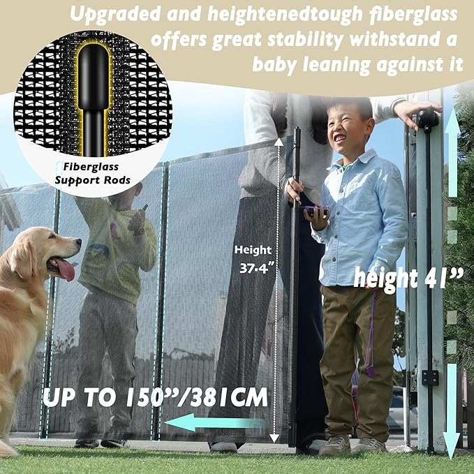 150" Extra Wide Retractable Baby Gates Dog Gate for Large Opening, 41" Extra Tall Mesh Pet Gate, Long Child Safety Gates with Fiberglass Rods for Stairways, Doorways, Hallways - Indoor/Outdoor Use