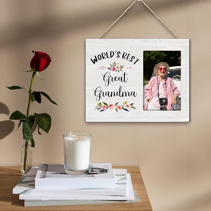 Great Grandma Picture Frame - Great Grandma Gifts, Great Grandma Baby Announcement Photo Frame, World's Best Great Grandma Wooden Frame for Tabletop or Wall Hanging 4x6 Photo