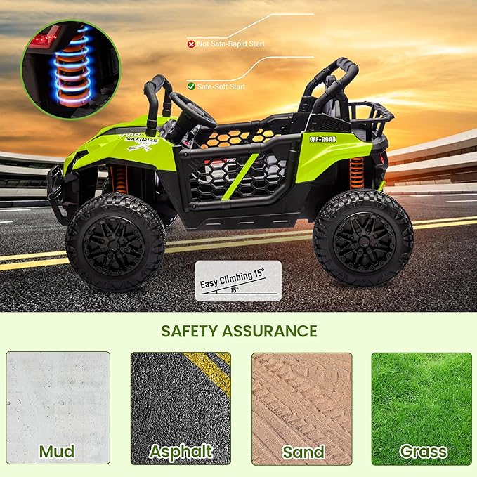 24V 2 Seater Ride On Car Truck, Power Wheels Kids UTV w/Parent Remote Control, 3.1 MPH Max Speed, Music Player, LED Lights & Storage, Electric Vehicle Ride On Toy for Kids Toddler Ages 3-8, Green