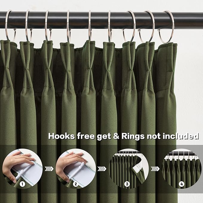 KEQIAOSUOCAI Olive Green Curtains Pinch Pleat wtih Hooks,Block Out Sound Reducing Light Blocking Window Drapes Thermal Curtain for Bedroom/Living Room 84 Inches Long, 40x84 2 PCs