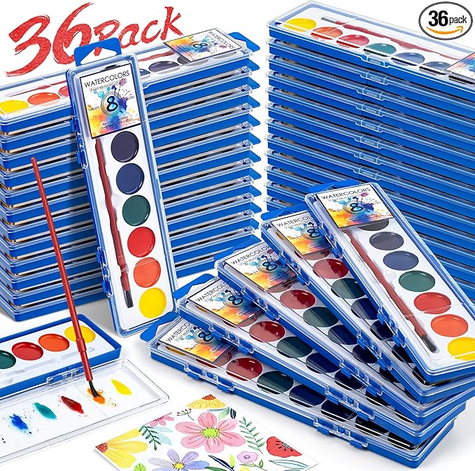 36 Pack Watercolor Paint Set Bulk,8 Colors Washable WaterColor Paint for Kids, Water Color Paint with Brushes, Ideal Gift for Party Favors, Art Supplies for School Classroom Home