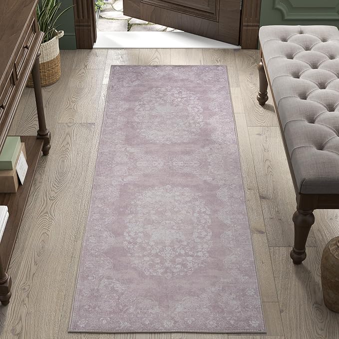 jinchan Vintage Floral Runner Rug 2x7 - Machine Washable Distressed Design Non-Slip Low-Pile Soft Thin Carpet for Hallway Kitchen Farmhouse Bedroom Entryway Laundry Room (2x7ft,Orchid)