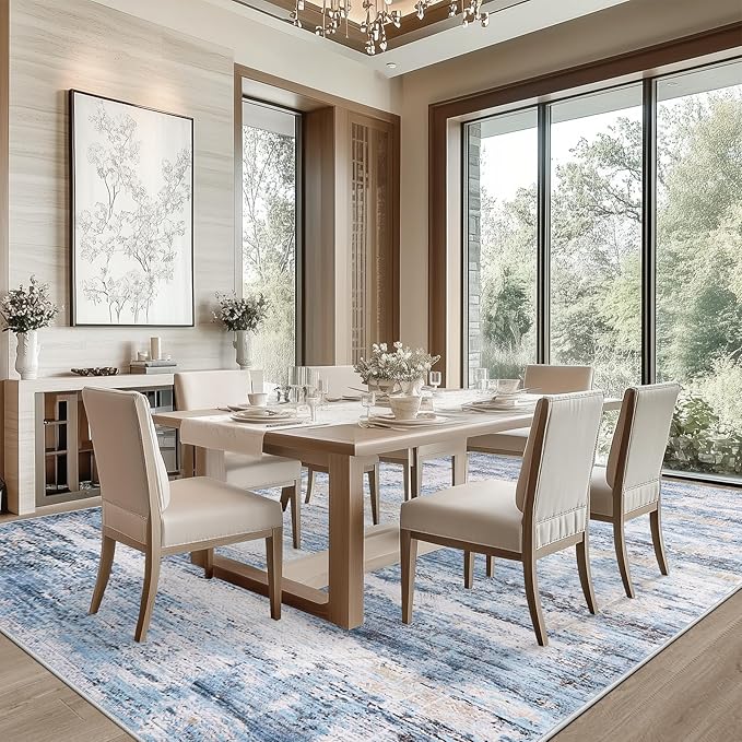 8x10 Area Rug Living Room Rugs - Washable Rug Large Modern Abstract Soft Thin Carpets Indoor Floor No Slip Vintage Carpet for Bedroom Under Dining Table Nursery Home Office Decor Blue