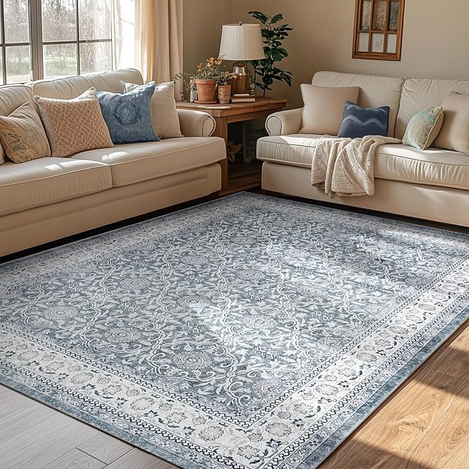 jinchan Floral 5x7 Area Rugs for Bedroom - Machine Washable Vintage Distressed Boho Design Throw Rug Stain Resistant Carpet Low-Pile Thin Non-Slip for Nursery Living Room Dining Room (5‘x7',Grey)
