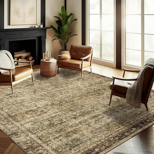 5x7 Washable Area Rug Vintage Brown Traditional Floor Cover Foldable Thin Rug Kitchen Accent Rug Indoor Distressed Non Slip Carpet Floral Print Mat Bedroom Living Room Bathroom