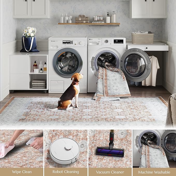 jinchan Round Rug 6ft Washable Circle Soft Rug - Low Pile Vintage 6'Round Indoor Orange Floral Print Stain Resistant Boho Carpet Ultra-Thin Non-Slip for Living Room Nursery Bedroom Dining Room Kitchen