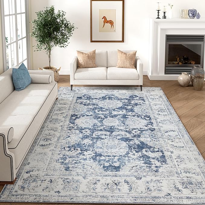 jinchan Washable Area Rug 8x10 for Living Room Soft Faux Wool Ultra-Thin Stain Resistant Non-Slip Distressed Vintage Floral Large Carpet for Bedroom,Dining Room,Home Office,Nursery(Dark Blue, 8'x10')