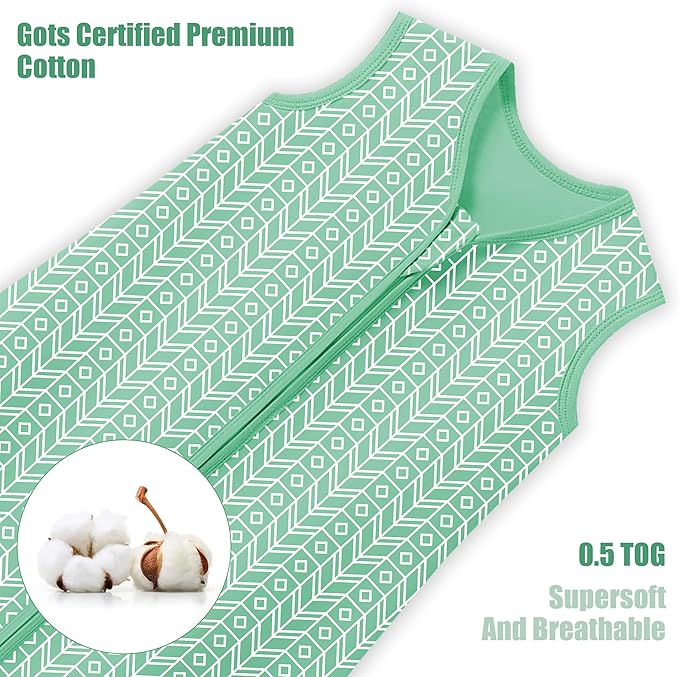SWEET DOLPHIN Baby Sleep Sack 6-12 Months - 100% Cotton 2-Way Zipper TOG 0.5 Infant Wearable Blanket, Newborn Essentials Toddler 3 Pack Sleeping Sacks - Green