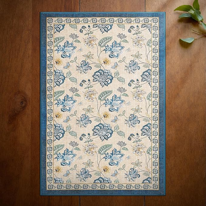 jinchan 2x3 Floral Rug for Entryway Washable Kitchen Rug Vintage Romance Design Small Mat Non Slip Indoor Doormat Lightweight Low-Profile Throw Carpet for Entrance Bathroom Laundry Room, Blue/Beige