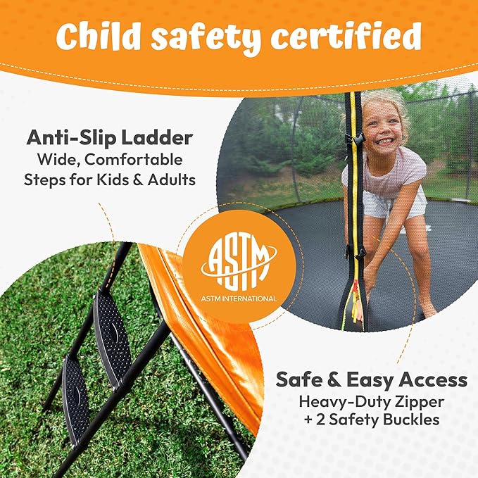 JUMPZYLLA Trampoline Outdoor 8FT 10FT 12FT 14FT 15FT 16FT with Enclosure and Ladder, ASTM Approved Recreational Trampoline for Kids and Adults, Anti-Rust Coated Frame
