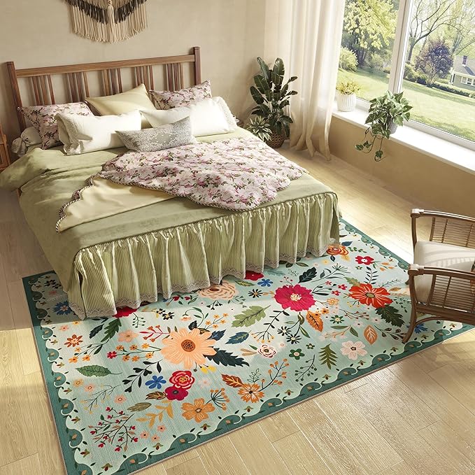 5x7 Washable Rug for Living Room, Green Floral Area Rug, Non Slip Low Pile Soft Flower Carpet, Large Rugs for Bedroom, Dining Room, Office, Kids Playroom, Nursery, Sage Green