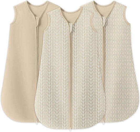 SWEET DOLPHIN Baby Sleep Sack 6-12 Months - 100% Cotton 2-Way Zipper TOG 0.5 Infant Wearable Blanket, Newborn Essentials Toddler 3 Pack Sleeping Sacks - Brown