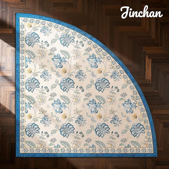 jinchan Floral Corner Rug for Living Room Washable Bedroom Rug Vintage Romance Design Non Slip Quarter Circle Lightweight Low-Pile Throw Carpet for Reading Nook Playroom,6ft Radius, Blue/Beige