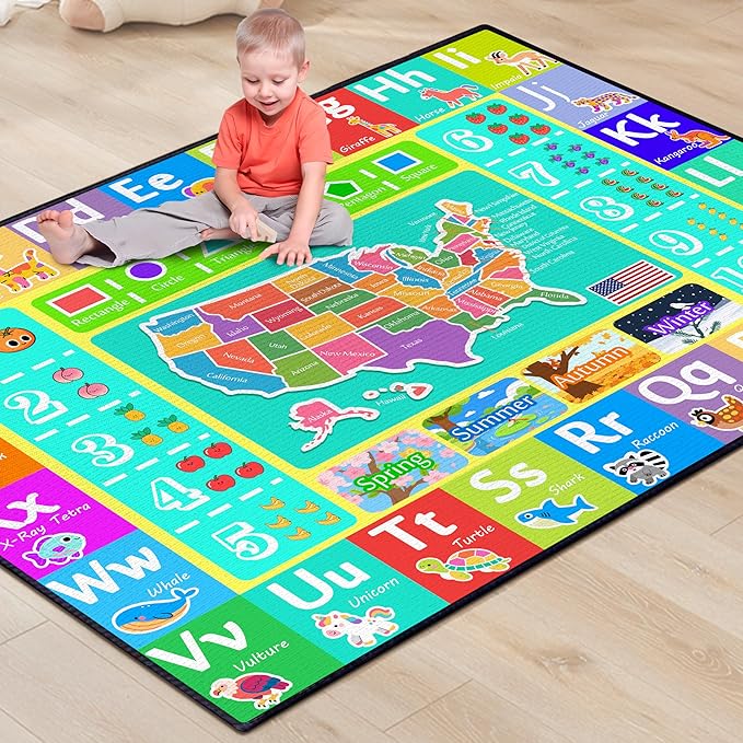 ABC Rug for Kids Playroom, 3x4 Washable Classroom Area Rugs, Educational Learning Mat with Alphabet Numbers Animals Seasons Shapes for Classroom Preschool Playroom