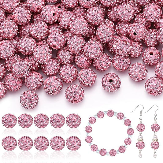 200pcs 10mm Rhinestone Beads for Jewelry Making, Pink Shiny Round Disco Ball Beads Bulk, Sparkle Crystal Clay Christmas for Bracelet Baseball Necklace Earring Crafting and DIY