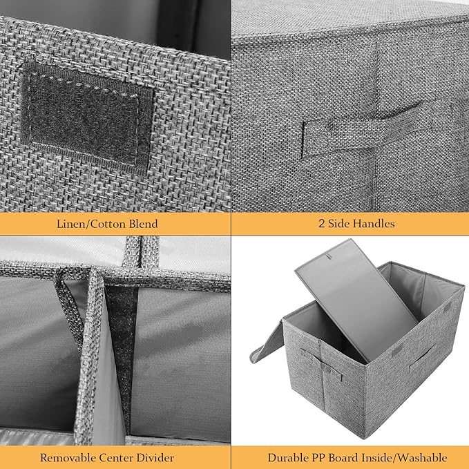 2 Pack Large Storage Boxes with Lids and Handles, Collapsible Linen Storage Bins Organizer Containers Baskets Cube with Removable Divider for Home Bedroom Closet Office (Grey, Large)