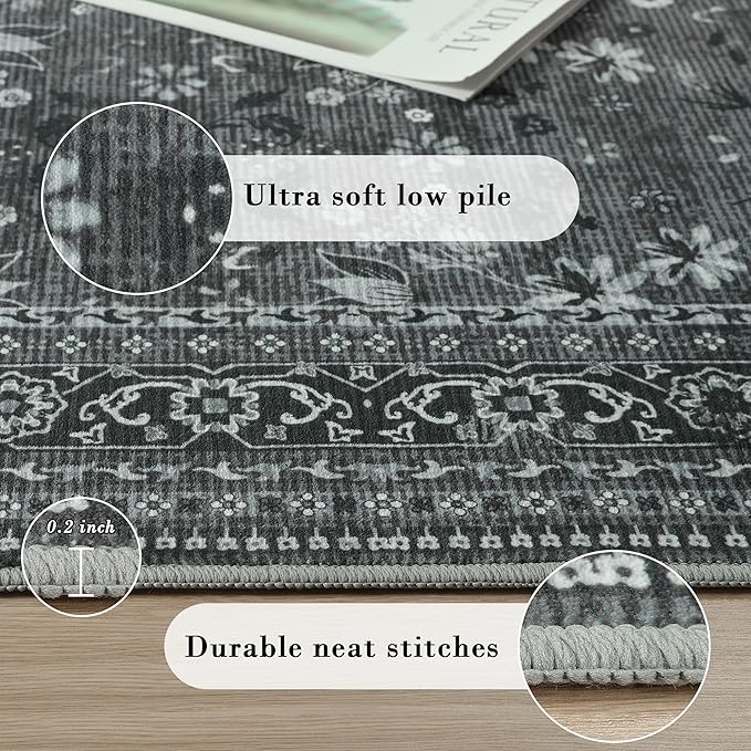 2x6 Washable Kitchen Runner Rug for Hallways, Non Slip Laundry Runners for Bathroom, Low Pile Rubber Backed Rugs for Entryway, Vintage Floral Carpet for Living Room Bedroom Black/Gray
