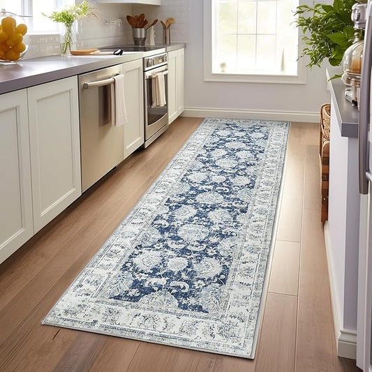 jinchan Hallway Runner Rug 3x8 Machine Washable Runner Rug Dark Blue Vintage Floral Design Non-Slip Low Pile Ultra-Thin for Kitchen Laundry Room Bedroom Farmhouse (3‘x8',Dark Blue)