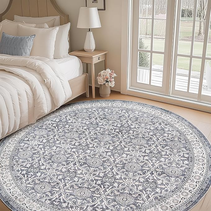 jinchan Round Rug 7ft Washable Circle Soft Rug - Low Pile Vintage 7'Round Indoor Grey Floral Print Stain Resistant Boho Carpet Ultra-Thin Non-Slip for Living Room Bedroom Dining Room Kitchen