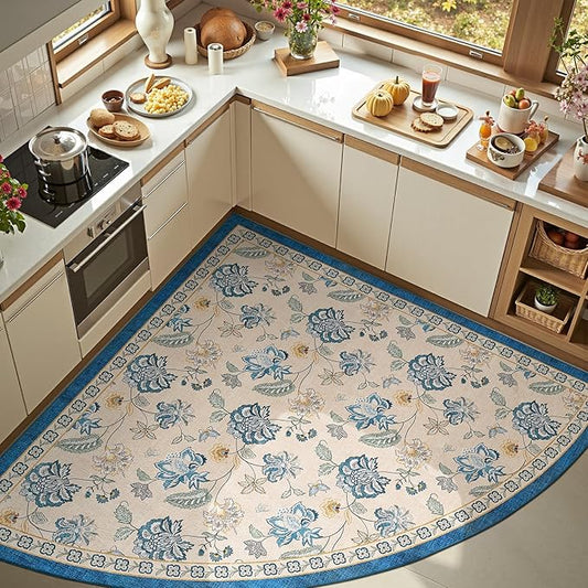 jinchan Floral Corner Rug for Living Room Washable Bedroom Rug Vintage Romance Design Non Slip Quarter Circle Lightweight Low-Pile Throw Carpet for Reading Nook Playroom,6ft Radius, Blue/Beige