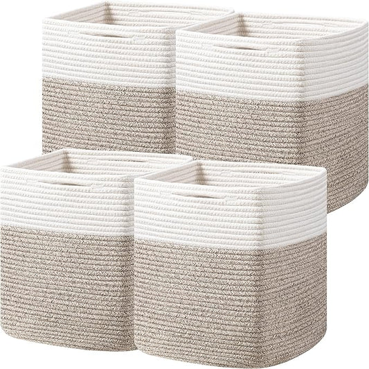 joybest Cube Storage Bins Set of 4, 11inch Cube Baskets Organizer for Nursery, Square Cotton Rope Baskets for Shelves Organizing, Kids Toy, Closet Storage, Brown and Cream White